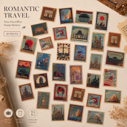 Romantic Travel Time Post Office Stamp Stickers – 40-Piece Vintage Gold Foil Sticker Set