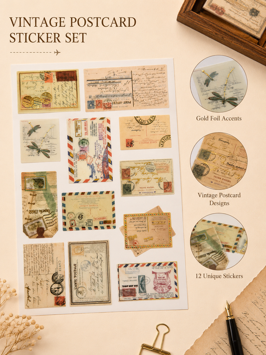 Vintage Postcard Gold Foil Stickers – Decorative Journal & Scrapbooking Sticker Sheet