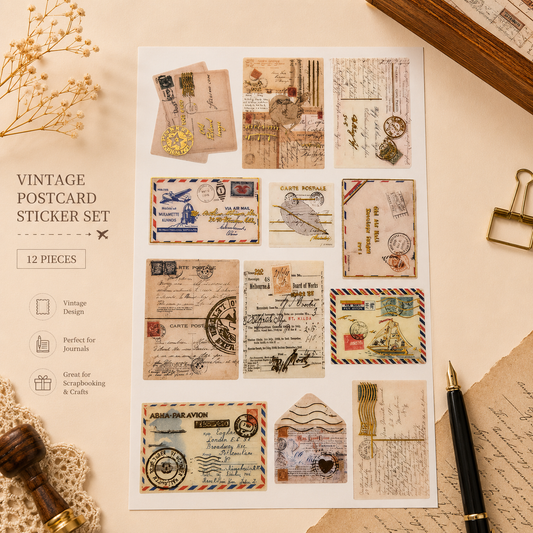 Vintage Postcard Gold Foil Stickers – Decorative Journal & Scrapbooking Sticker Sheet
