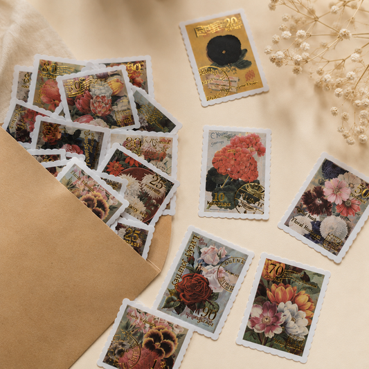 Vintage Floral Stamp Stickers | Gold Foil Decorative Journal Stickers | 30-Piece Retro Bloom Sticker Pack