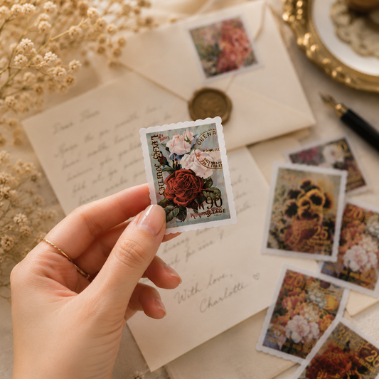 Vintage Floral Stamp Stickers | Gold Foil Decorative Journal Stickers | 30-Piece Retro Bloom Sticker Pack