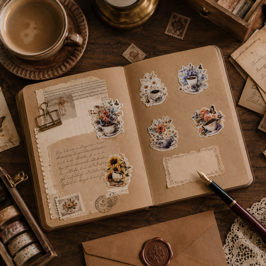 Vintage Floral Coffee Cup PET Stickers | Transparent Journal Stickers | 30-Piece Decorative Sticker Pack