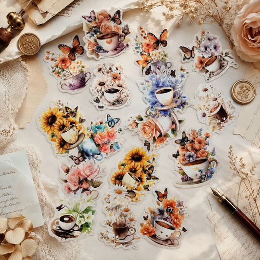 Vintage Floral Coffee Cup PET Stickers | Transparent Journal Stickers | 30-Piece Decorative Sticker Pack