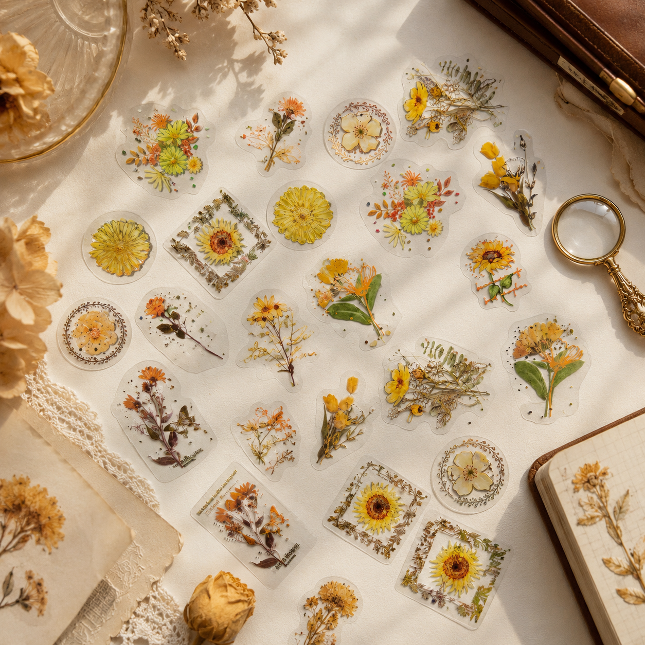 Golden Wildflower PET Stickers | Vintage Botanical Journal Stickers | 30-Piece Transparent Sticker Pack