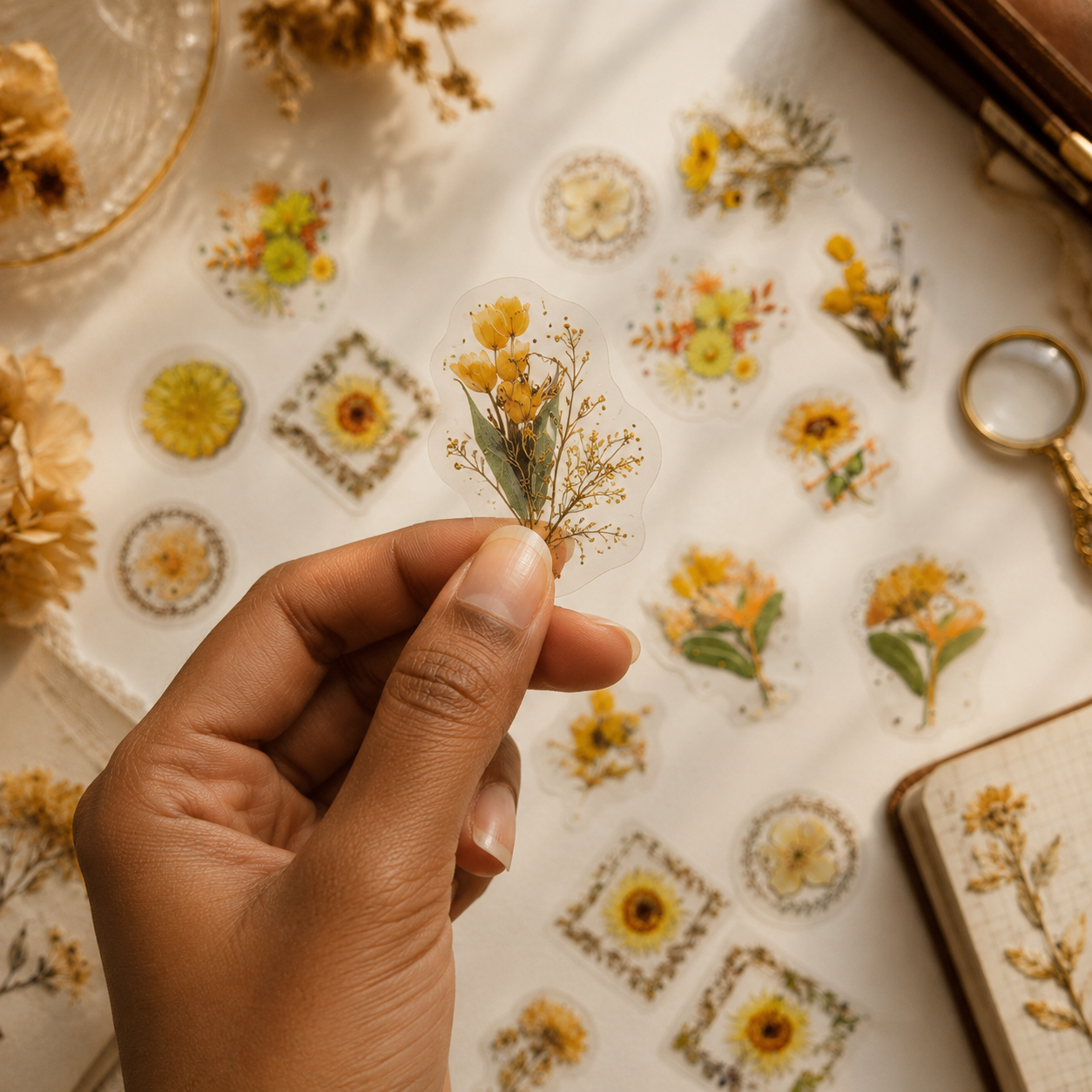 Golden Wildflower PET Stickers | Vintage Botanical Journal Stickers | 30-Piece Transparent Sticker Pack