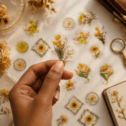Golden Wildflower PET Stickers | Vintage Botanical Journal Stickers | 30-Piece Transparent Sticker Pack