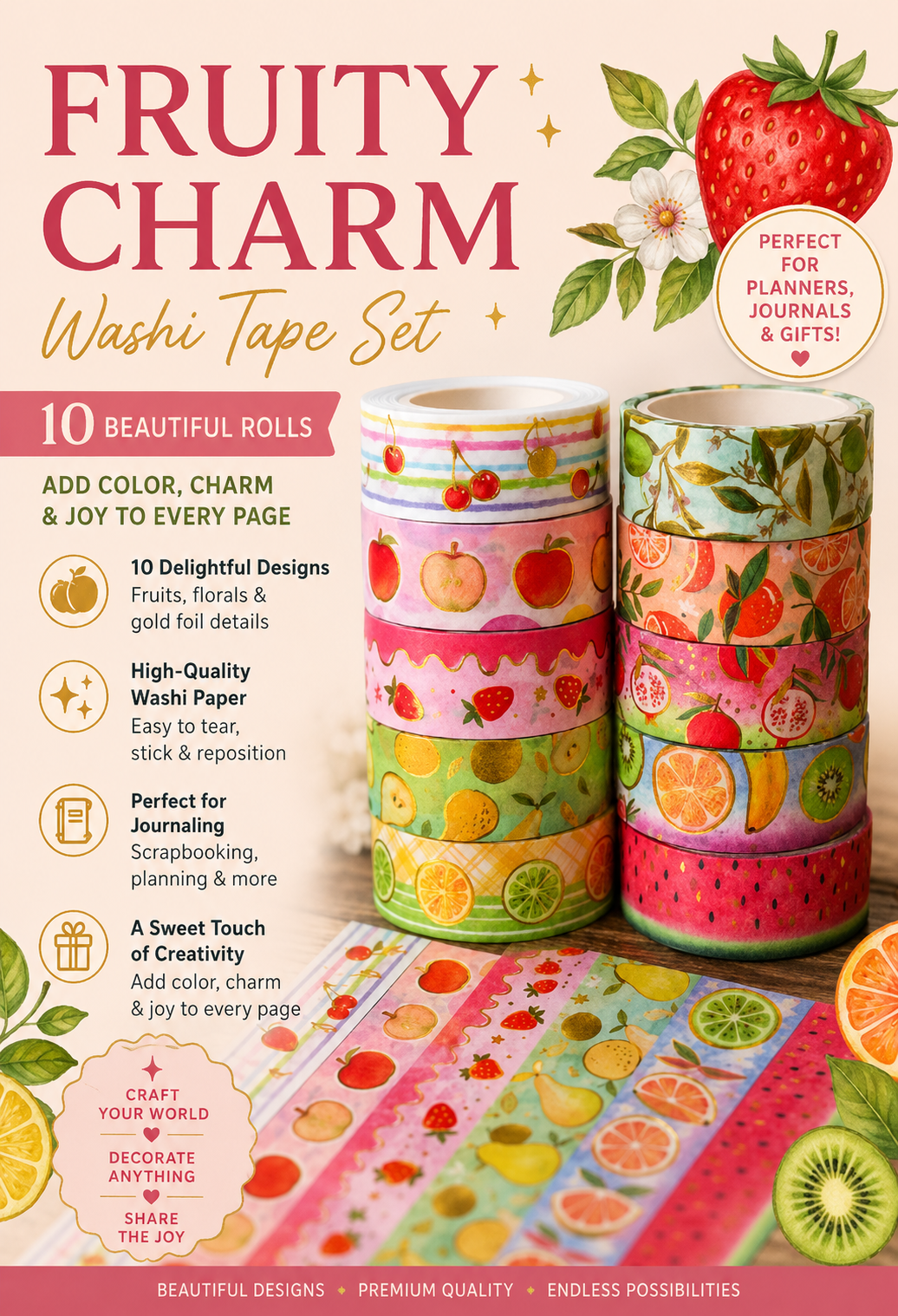 10 Roll Fruit Washi Tape Set- Colorful Fruit Patterns