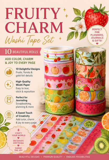 10 Roll Fruit Washi Tape Set- Colorful Fruit Patterns