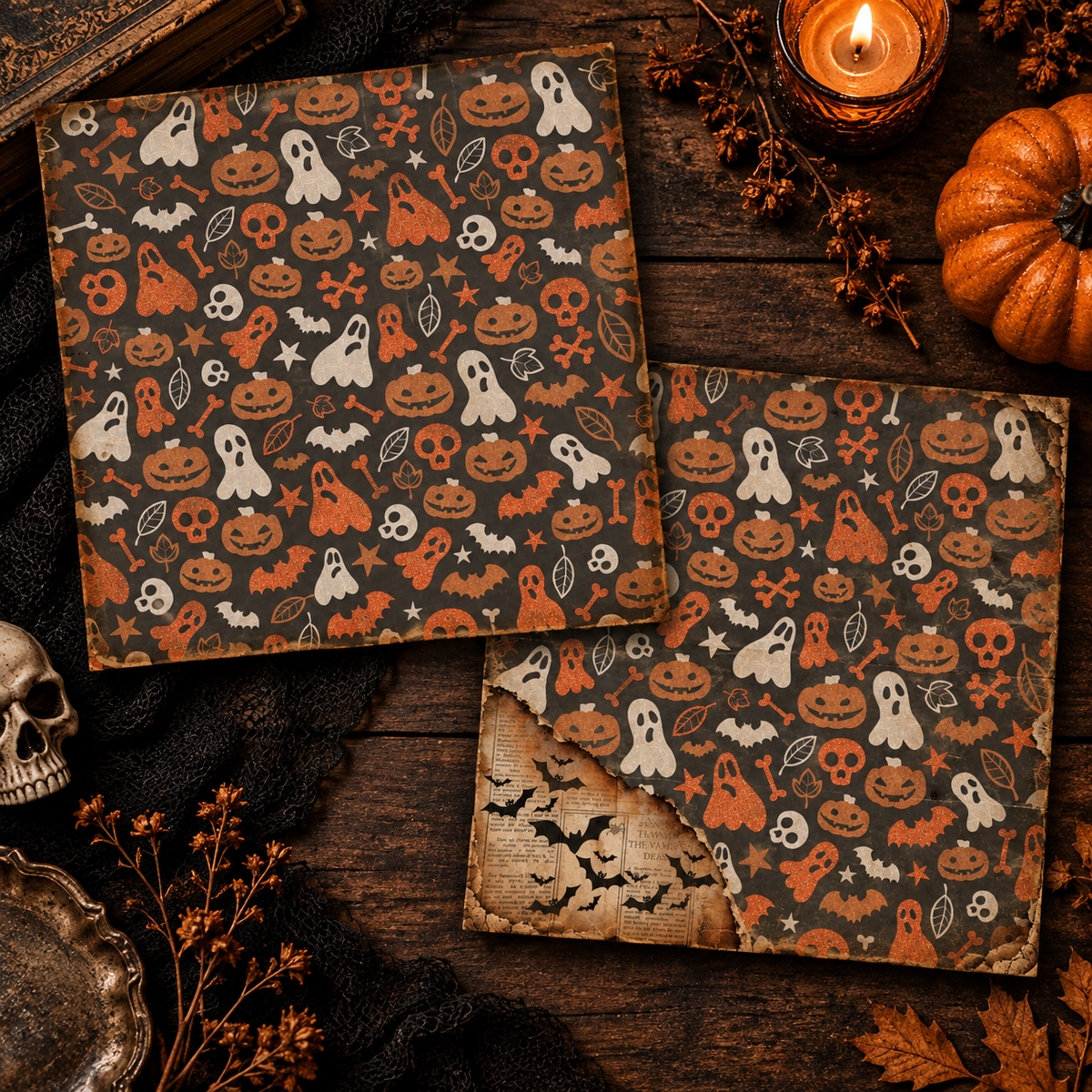 Vintage Halloween Scrapbook Paper Pack – 6.5 x 6.5 Inch | 24 Sheets | 12 Designs