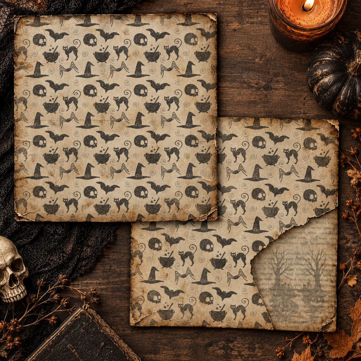 Vintage Halloween Scrapbook Paper Pack – 6.5 x 6.5 Inch | 24 Sheets | 12 Designs
