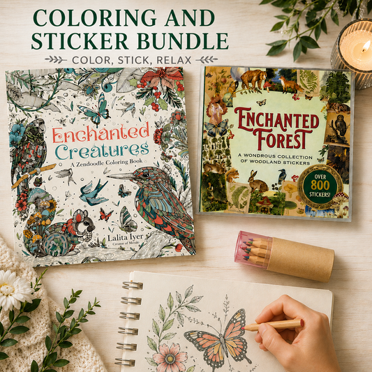 Creative Escape Coloring Gift Set | Coloring Book, Woodland Sticker Book & Colored Pencils | Relaxation Gift | Nature Lover Gift