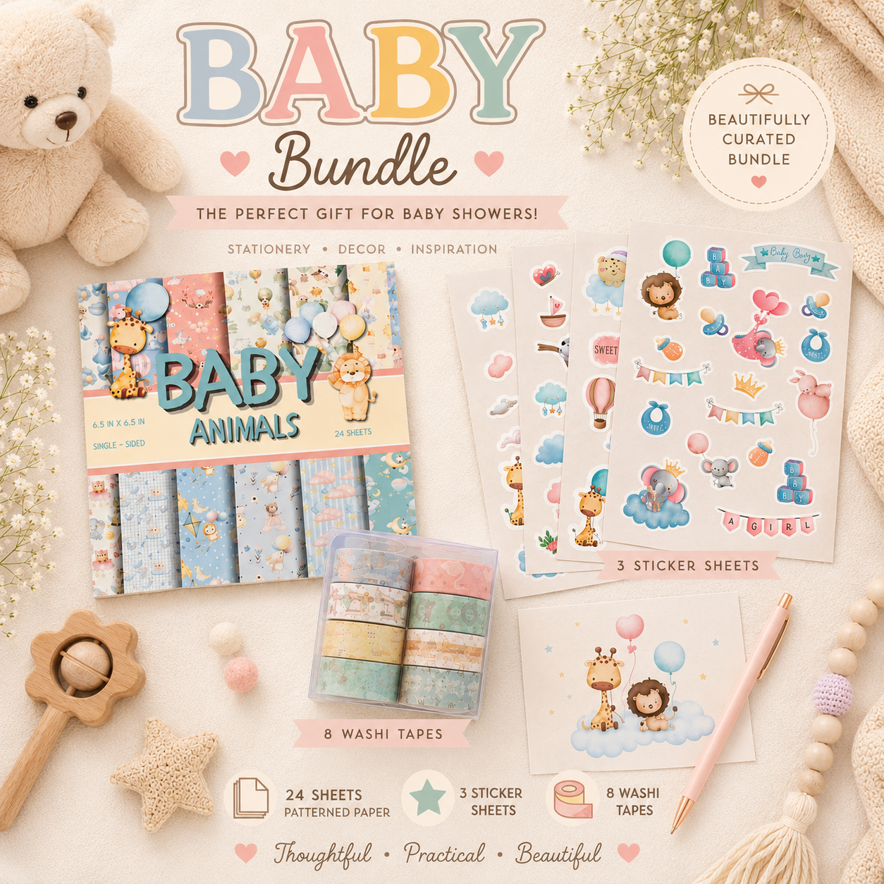 Decorative Baby Animals Paper, Scrapbooking Paper Pack, Journaling, 6.5" x 6.5"