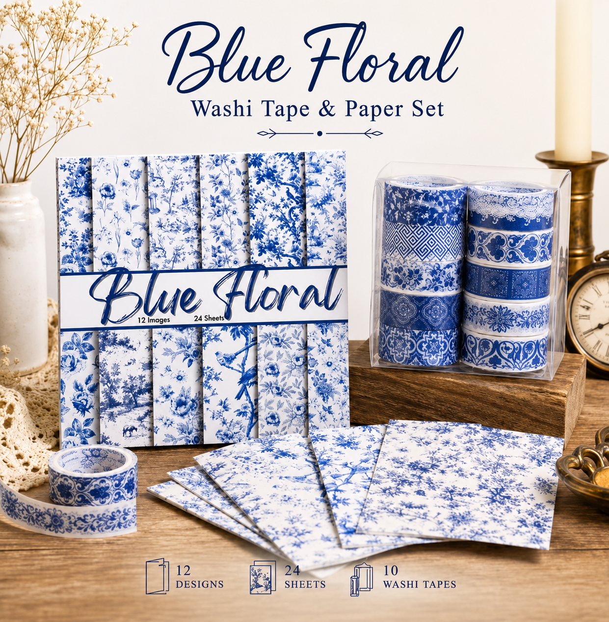 Blaues florales Scrapbook-Papier, gemustertes Papier, 15,24 x 15,24 cm