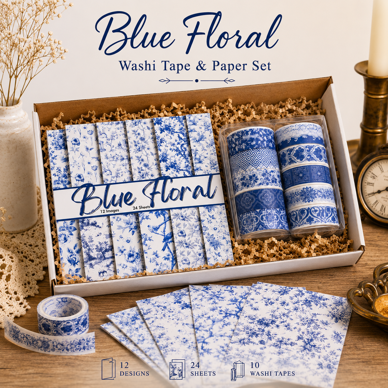 Blaues florales Scrapbook-Papier, gemustertes Papier, 15,24 x 15,24 cm
