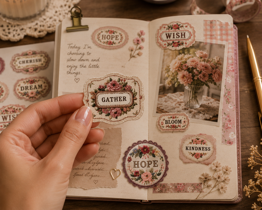 20 Vintage Floral Embroidery Label Stickers - Romantic Journal Stickers - Cottagecore Scrapbook Labels