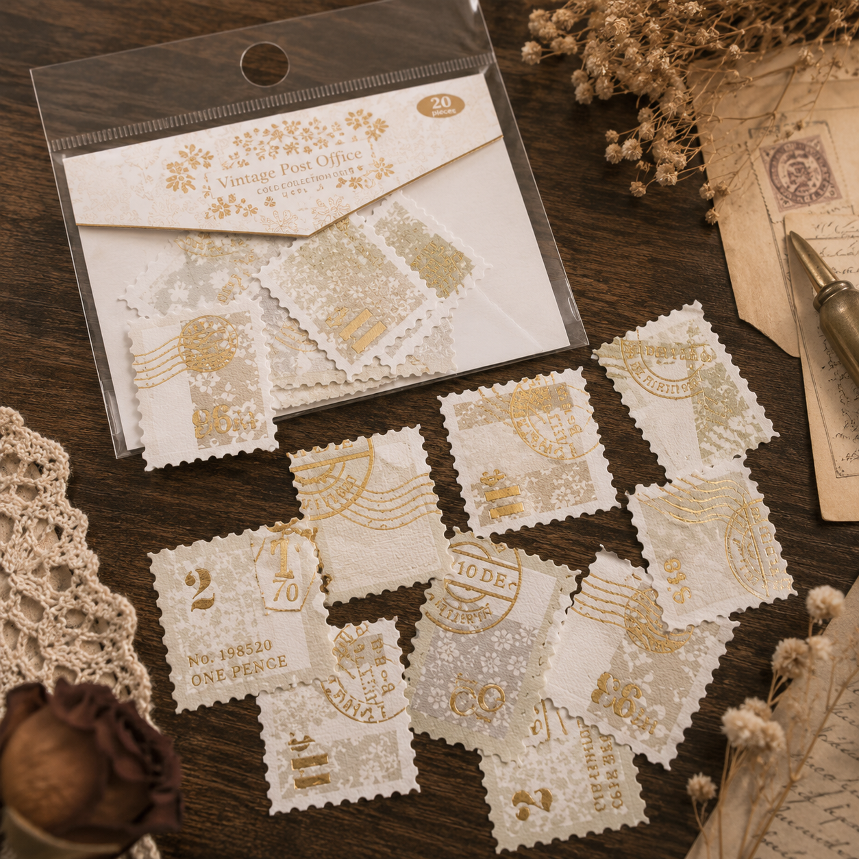 Washi-Flake-Sticker | 20-teiliges Sticker-Set im Stempelstil | Zubehör für Journaling & Scrapbooking | Dekorative Bastelsticker