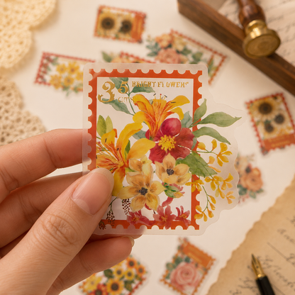 Sunward Bloom PET Floral Stamp Stickers – 30-Piece Transparent Vintage Flower Sticker Set