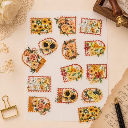 Sunward Bloom PET Floral Stamp Stickers – 30-Piece Transparent Vintage Flower Sticker Set