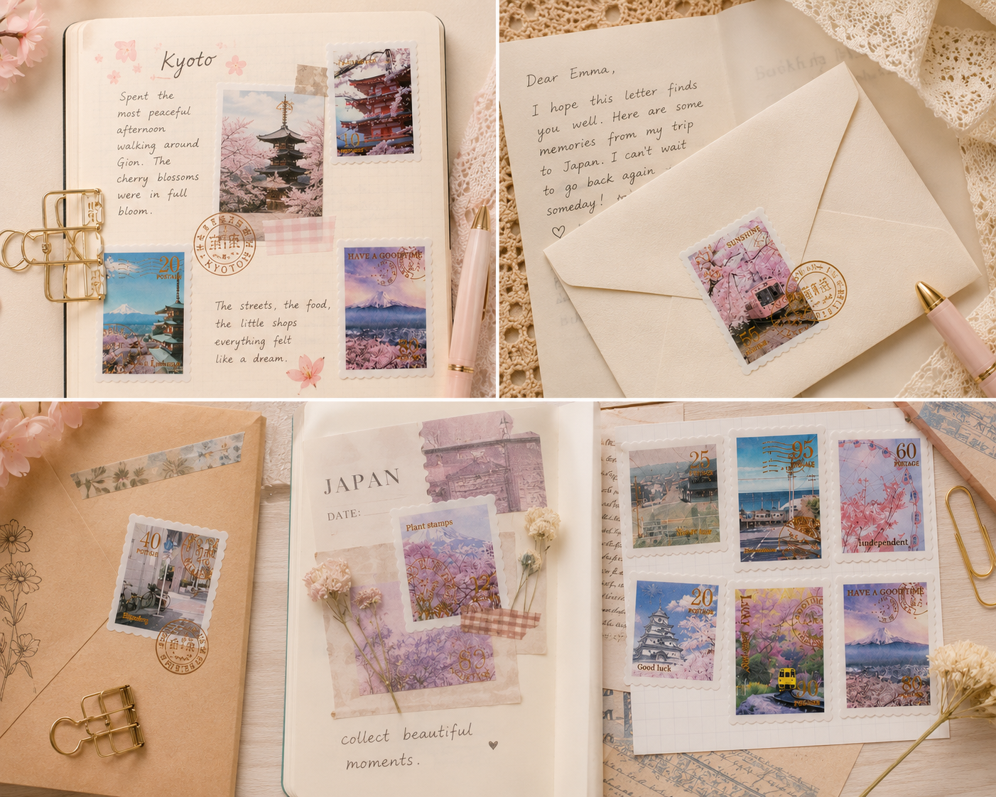 Japan Postage Stamp Stickers | 30-Piece Vintage Travel Journaling Sticker Set