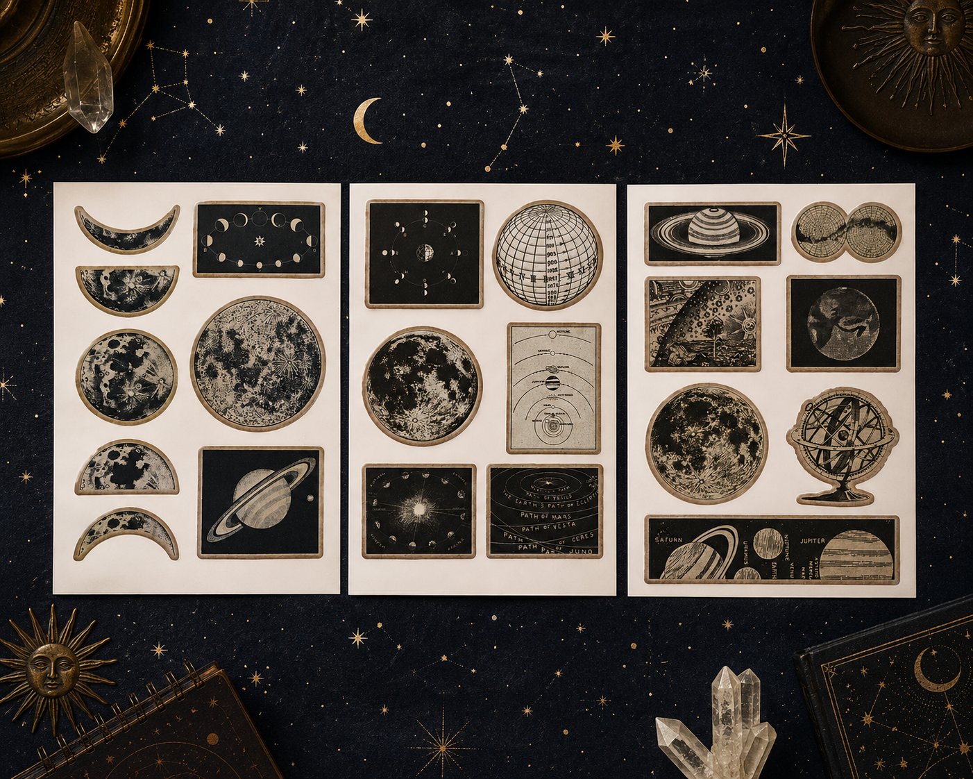 Vintage Pictorial Astronomy Stickers | 21 Vintage Space Stickers | 3 Sticker Sheets | Moon, Planets & Celestial Ephemera