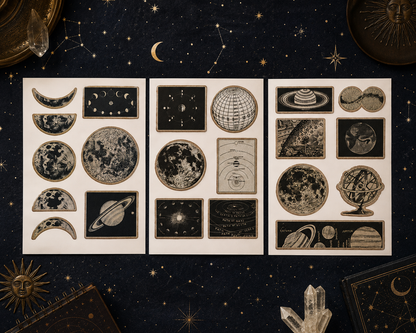 Vintage Pictorial Astronomy Stickers | 21 Vintage Space Stickers | 3 Sticker Sheets | Moon, Planets & Celestial Ephemera
