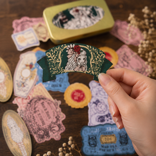 Mysterious Alice Flake Stickers in Tin | Shinzi Katoh | Alice in Wonderland | Japanese Sticker Set | 30 pcs