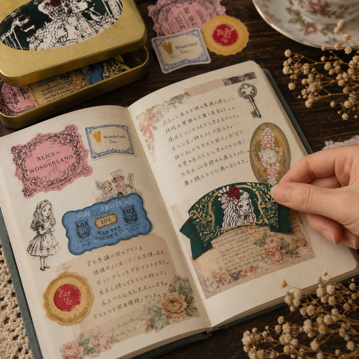 Geheimnisvolle Alice Flake Sticker in Dose | Shinzi Katoh | Alice im Wunderland | Japanisches Sticker-Set | 30 Stück