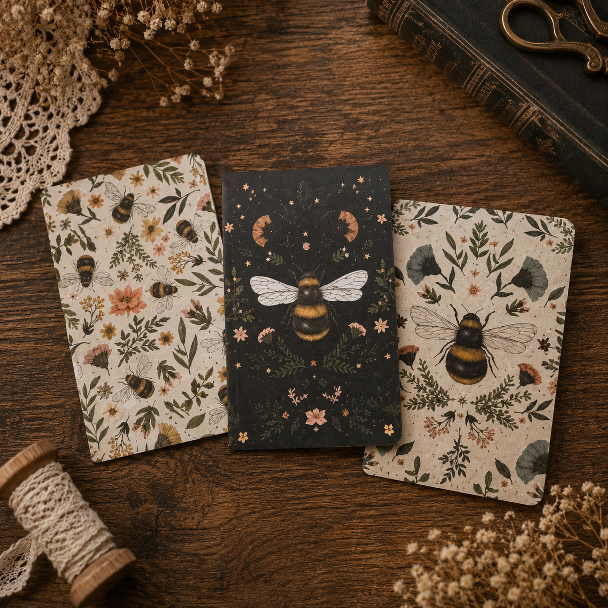 Botanical Bee Pocket Notebook Set – Mini Journals for Writing & Journaling