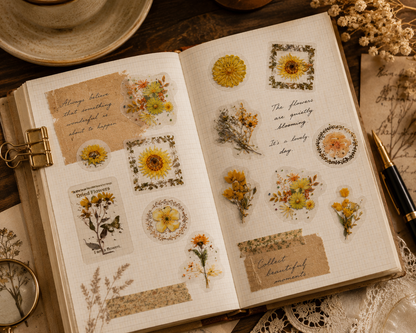 Golden Wildflower PET Stickers | Vintage Botanical Journal Stickers | 30-Piece Transparent Sticker Pack