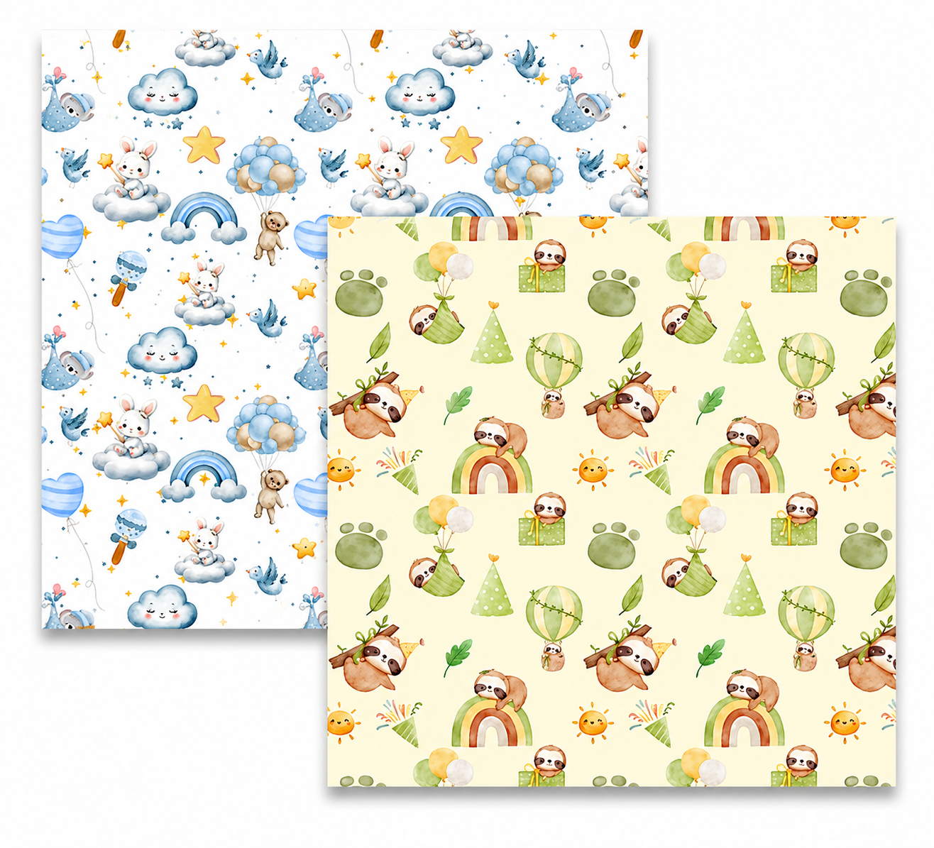 Baby-Tiere bedruckbares Scrapbook-Papierpaket – 17 Aquarell-Muster für das Kinderzimmer (12x12 Digitaler Download)