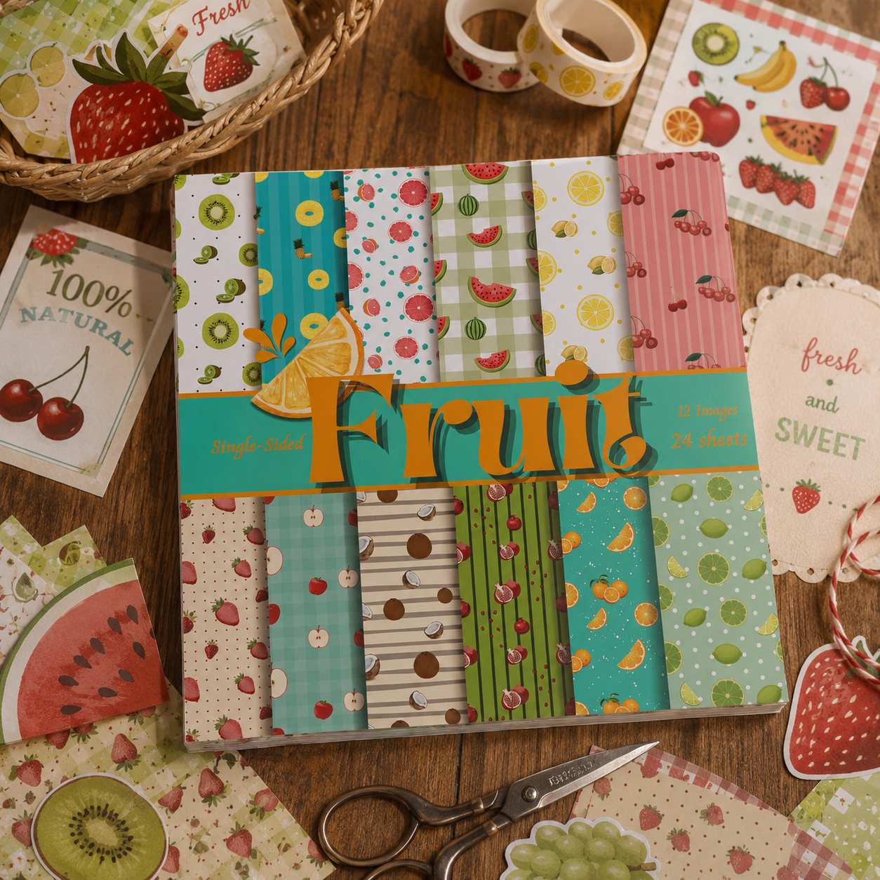Frucht-Dekorationspapier, einseitig, 12 Muster, 24 Blatt, 15,2 x 15,2 cm