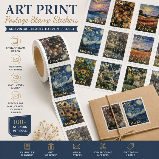Von Kunst inspirierte Stempelsticker-Rolle mit Goldfolie – Luxuriöse Journaling- & Scrapbook-Ephemera