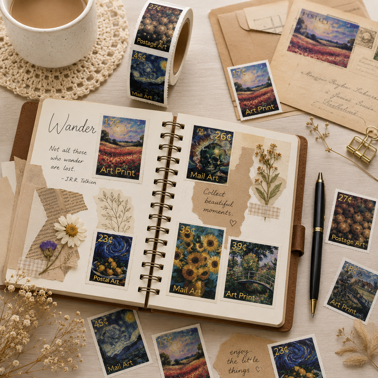 Art Inspired Stamp Sticker Roll with Gold Foil – Luxury Journaling & Scrapbook Ephemera