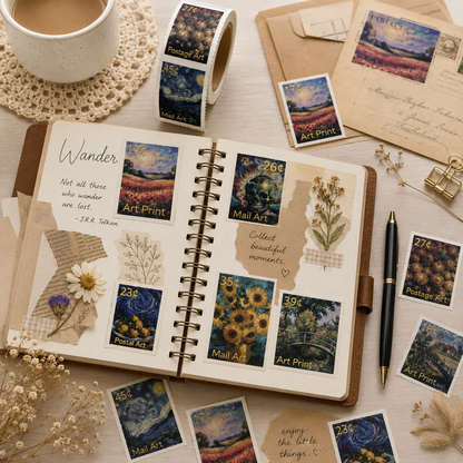 Art Inspired Stamp Sticker Roll with Gold Foil – Luxury Journaling & Scrapbook Ephemera