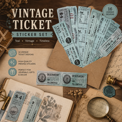 Vintage Ticket Stickers | Retro Ephemera for Junk Journals, Scrapbooking & Collage | 50 Piece Sticker Pack