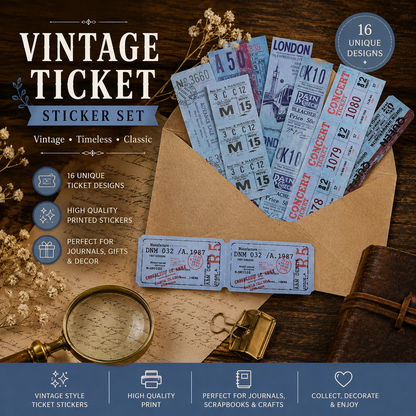 Vintage Ticket Stickers | Retro Ephemera for Junk Journals, Scrapbooking & Collage | 50 Piece Sticker Pack
