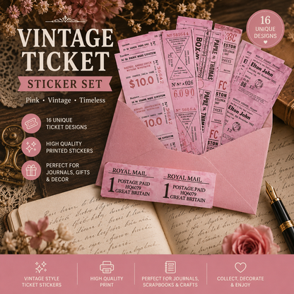 Vintage Ticket Stickers | Retro Ephemera for Junk Journals, Scrapbooking & Collage | 50 Piece Sticker Pack