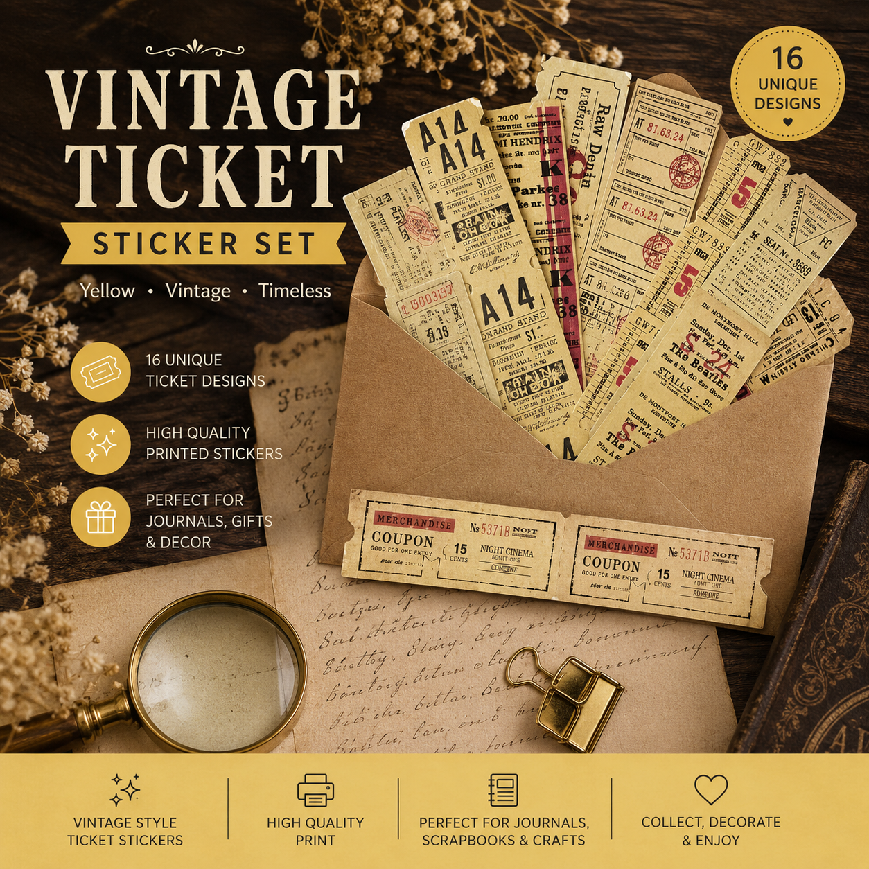 Vintage Ticket Stickers | Retro Ephemera for Junk Journals, Scrapbooking & Collage | 50 Piece Sticker Pack