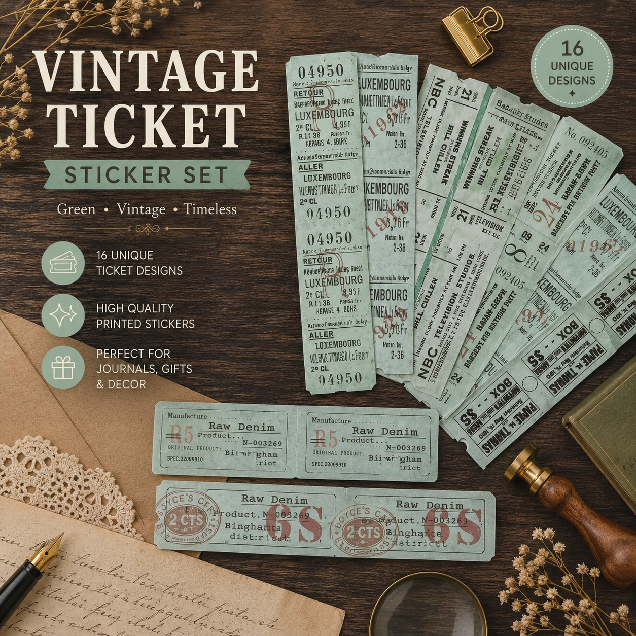 Vintage Ticket Stickers | Retro Ephemera for Junk Journals, Scrapbooking & Collage | 50 Piece Sticker Pack