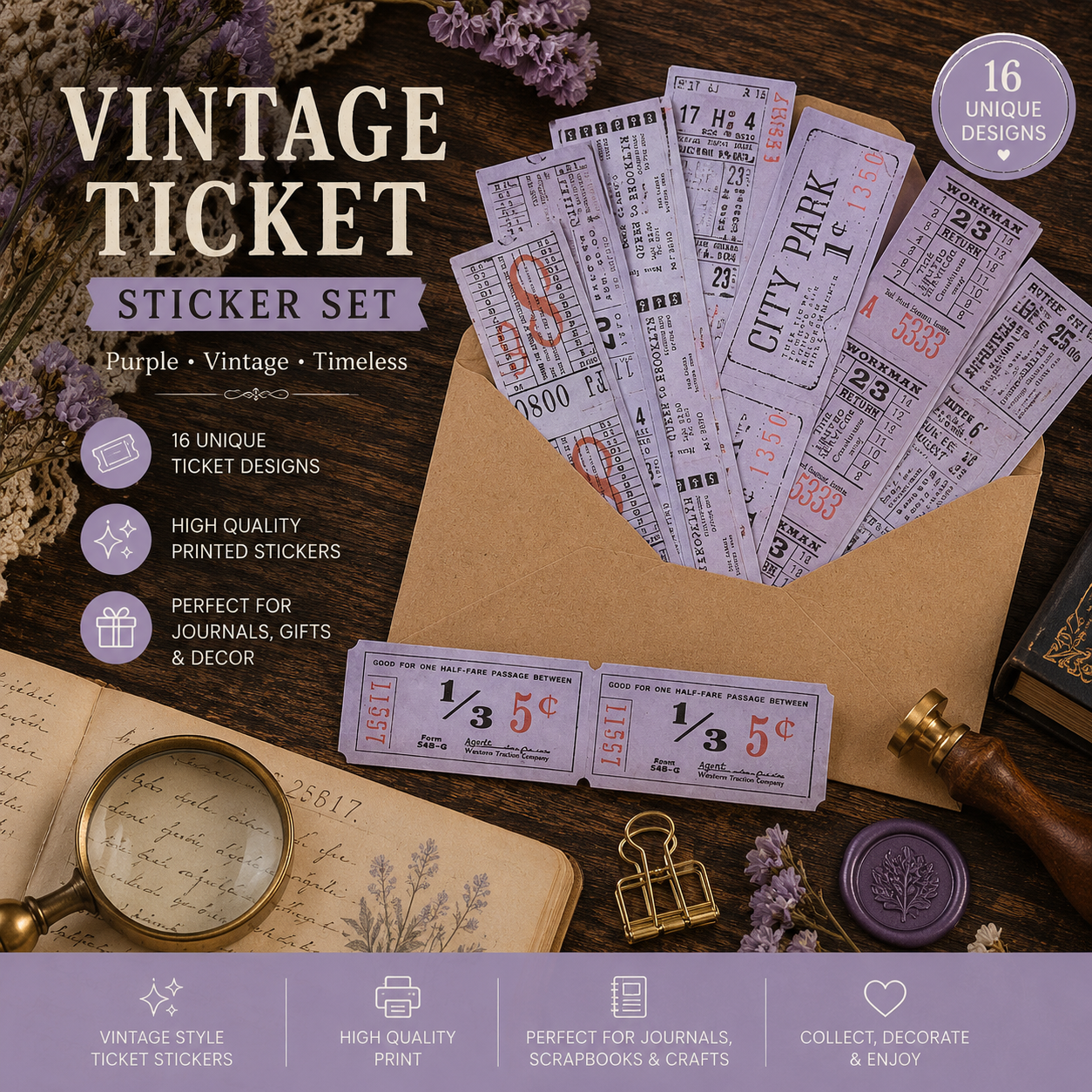 Vintage Ticket Stickers | Retro Ephemera for Junk Journals, Scrapbooking & Collage | 50 Piece Sticker Pack