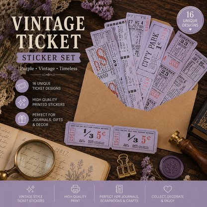 Vintage Ticket Stickers | Retro Ephemera for Junk Journals, Scrapbooking & Collage | 50 Piece Sticker Pack