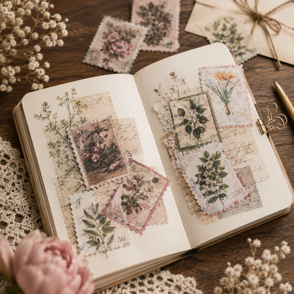 Vintage Postage Stamp Sticker Pack | 60-Piece Aesthetic Sticker Pack | Scrapbooking & Junk Journaling Supplies | Nature Ephemera