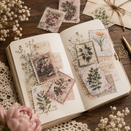 Vintage Postage Stamp Sticker Pack | 60-Piece Aesthetic Sticker Pack | Scrapbooking & Junk Journaling Supplies | Nature Ephemera