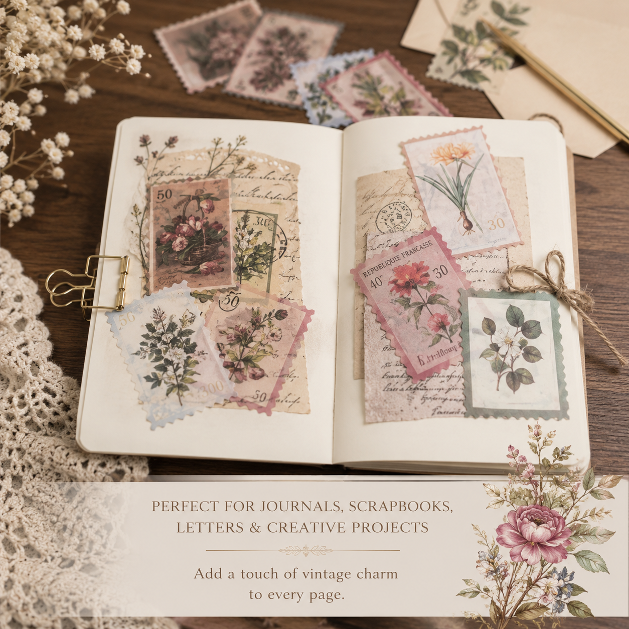 Vintage Postage Stamp Sticker Pack | 60-Piece Aesthetic Sticker Pack | Scrapbooking & Junk Journaling Supplies | Nature Ephemera