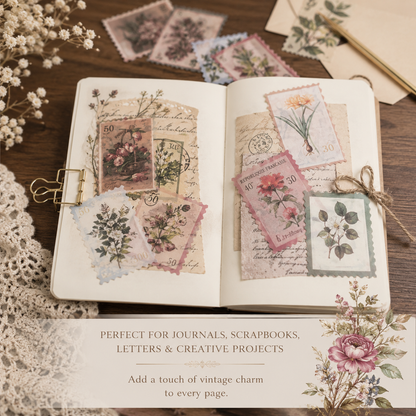 Vintage Postage Stamp Sticker Pack | 60-Piece Aesthetic Sticker Pack | Scrapbooking & Junk Journaling Supplies | Nature Ephemera