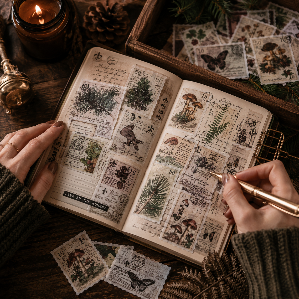 Vintage Postage Stamp Sticker Pack | 60-Piece Aesthetic Sticker Pack | Scrapbooking & Junk Journaling Supplies | Nature Ephemera