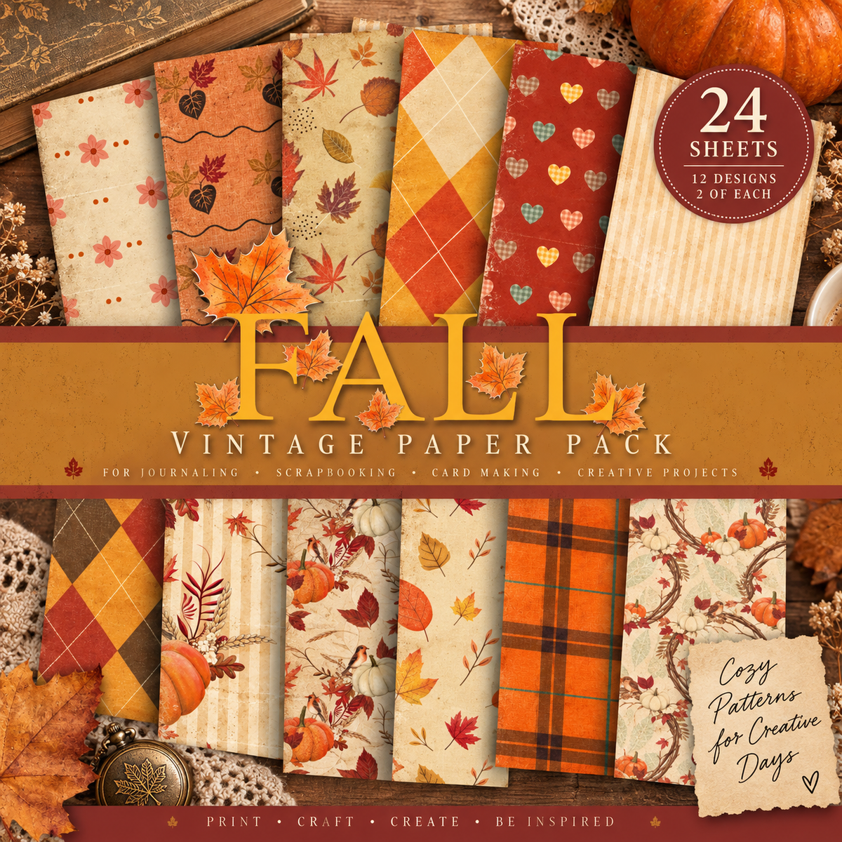 Vintage Fall Scrapbook Paper Pack