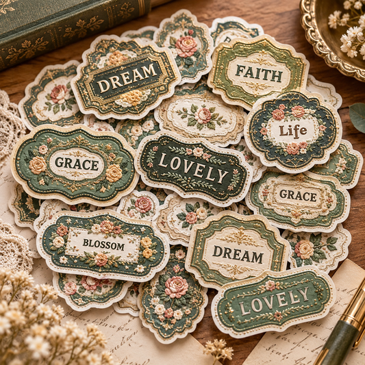 20 Vintage Floral Embroidery Label Stickers - Romantic Journal Stickers - Cottagecore Scrapbook Labels