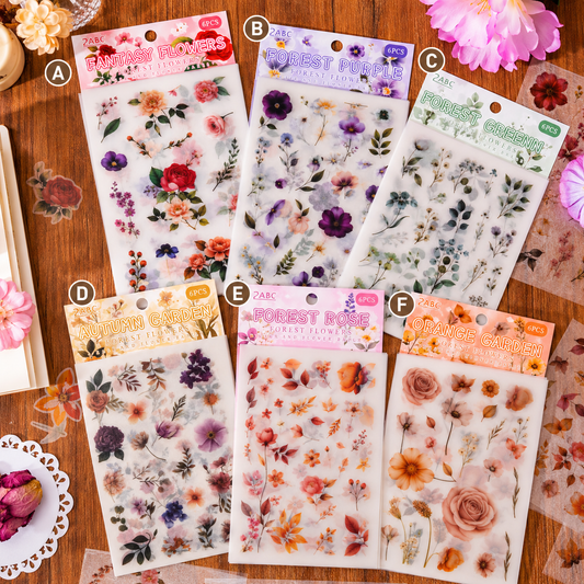 Vintage Botanical PET Stickers (6 sheets) - Watercolor, Transparent Flower Stickers
