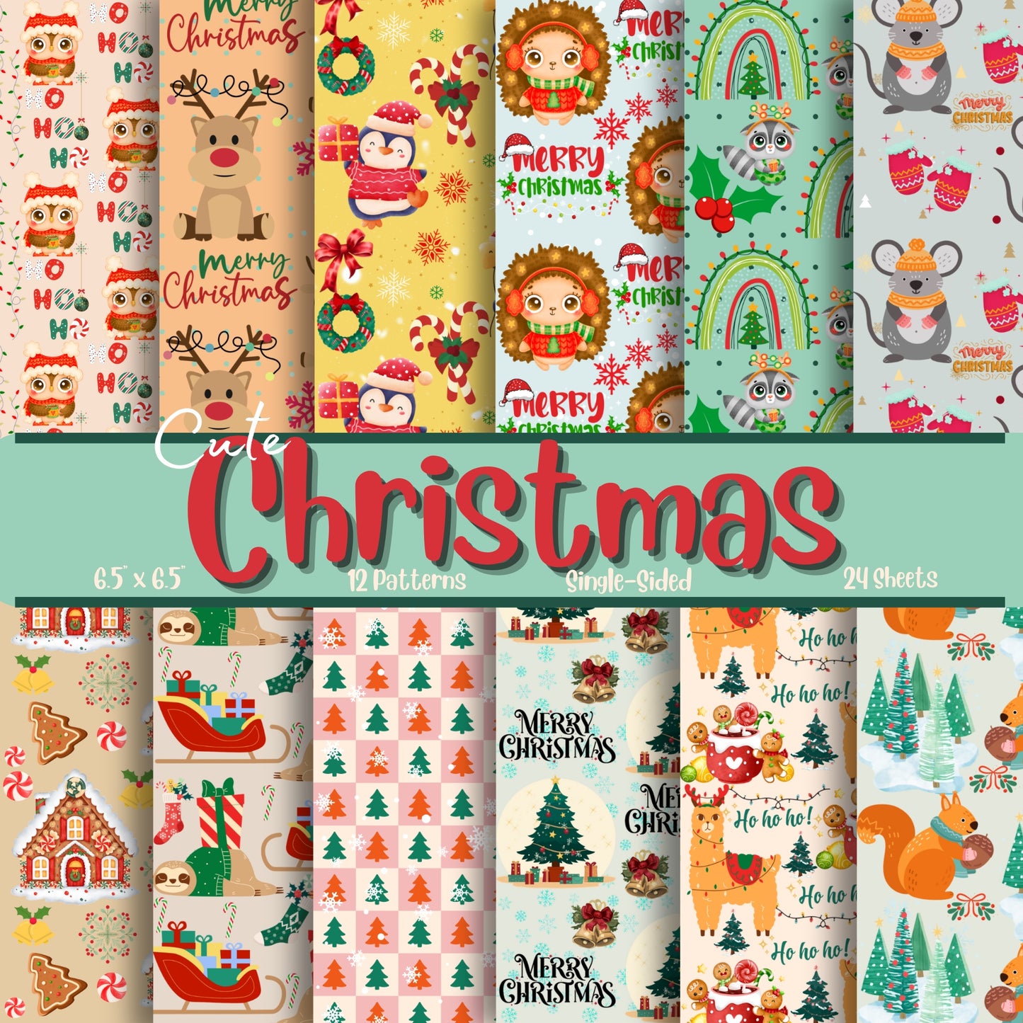 Christmas Scrapbook Paper, 12 Patterns, 24 Sheets, 6.5 x 6.5 inches, Single-Sided, Matte